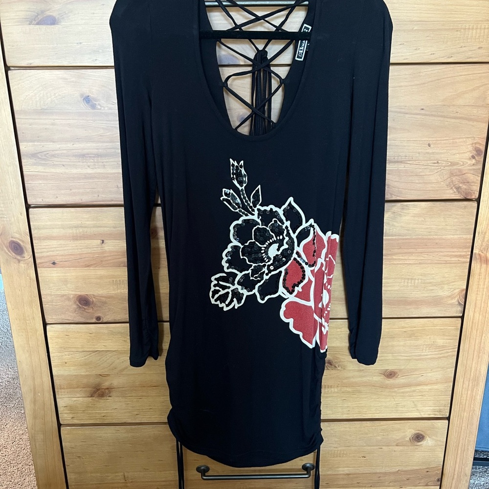 Black Dress with Sequins Floral Design and Tie Back